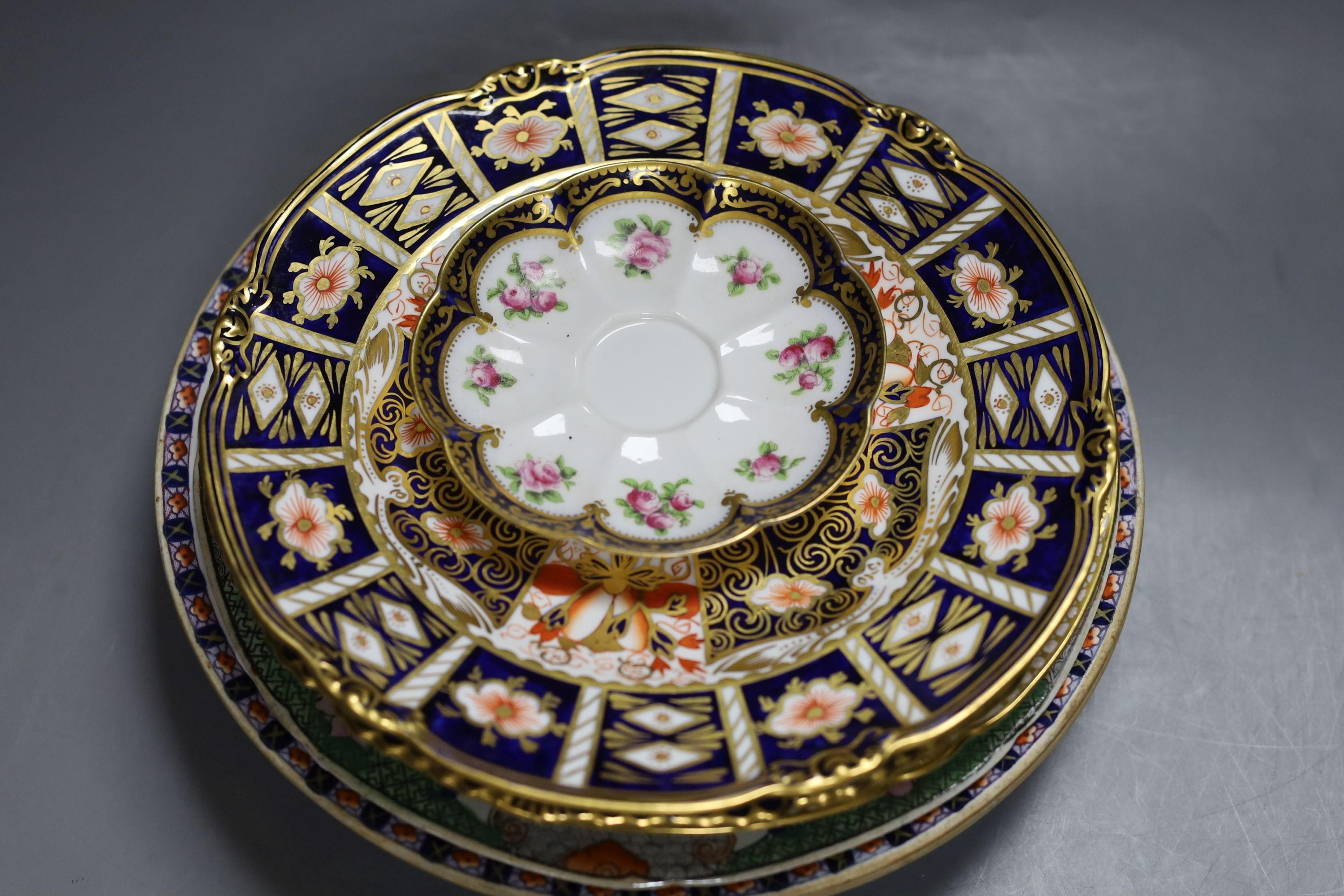 A Copeland portrait painted plate, two Royal Crown Derby plates, together with others (9)